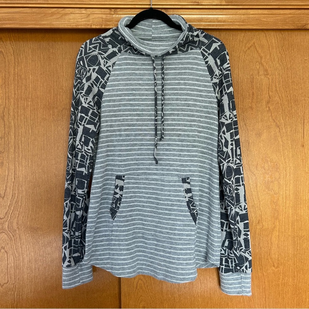 Raw Edge Mixed Media Striped Cowl Neck Pullover Size Medium